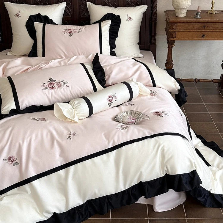 Bedding Set Cotton Satin Floral Embroidery Ruffle Trim 4-Piece Set