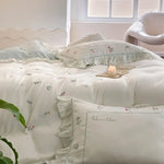 Bedding Set Cotton Satin Floral Embroidery & Ruffle Trim