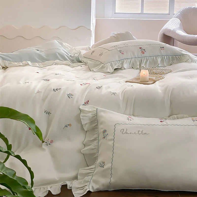Bedding Set Cotton Satin Floral Embroidery & Ruffle Trim