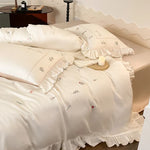 Bedding Set Cotton Satin Floral Embroidery & Ruffle Trim