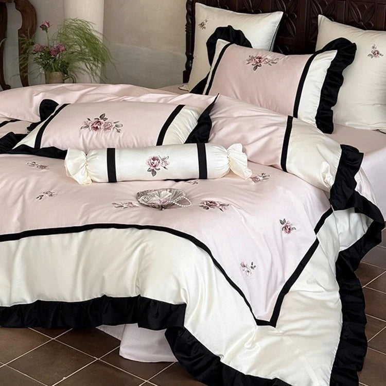 Bedding Set Cotton Satin Floral Embroidery & Ruffles 4-Piece