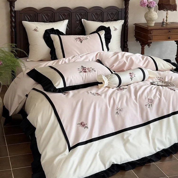 Bedding Set Cotton Satin Floral Embroidery & Ruffles 4-Piece