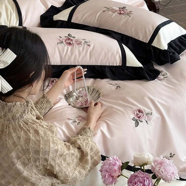 Bedding Set Cotton Satin Floral Embroidery & Ruffles 4-Piece