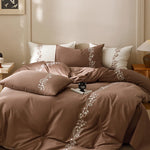 Bedding Set Cotton Satin Floral Vine Embroidery 4-Piece Set