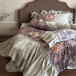 Bedding Set Cotton Satin Floral Watercolor Ruffles
