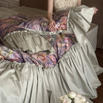 Bedding Set Cotton Satin Floral Watercolor Ruffles