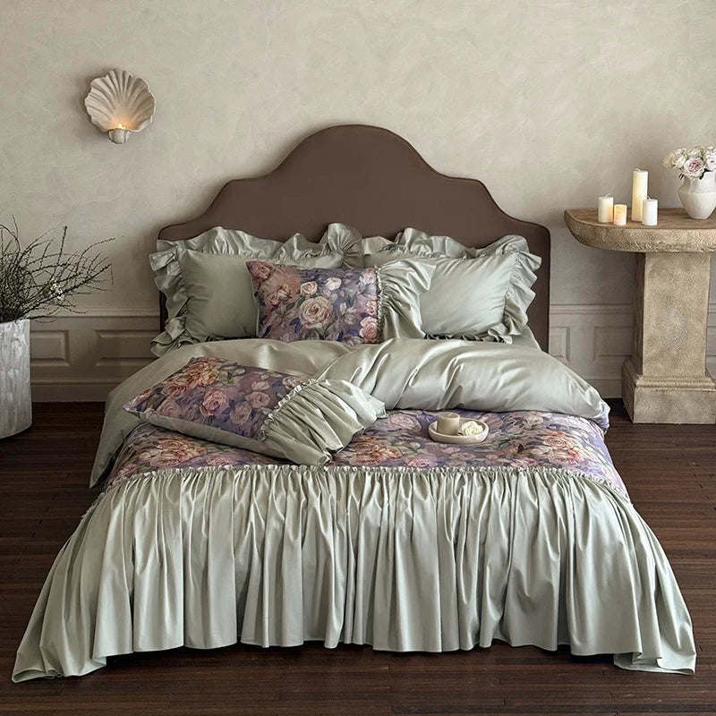 Bedding Set Cotton Satin Floral Watercolor Ruffles