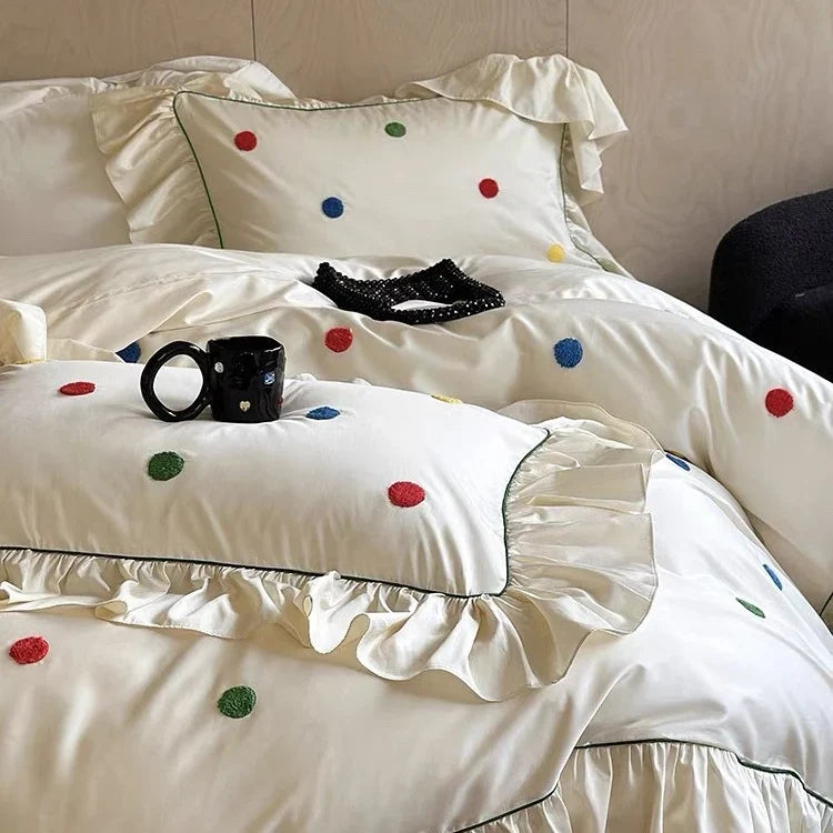 Bedding Set Cotton Satin Hand-Embroidered Dots 4-Piece