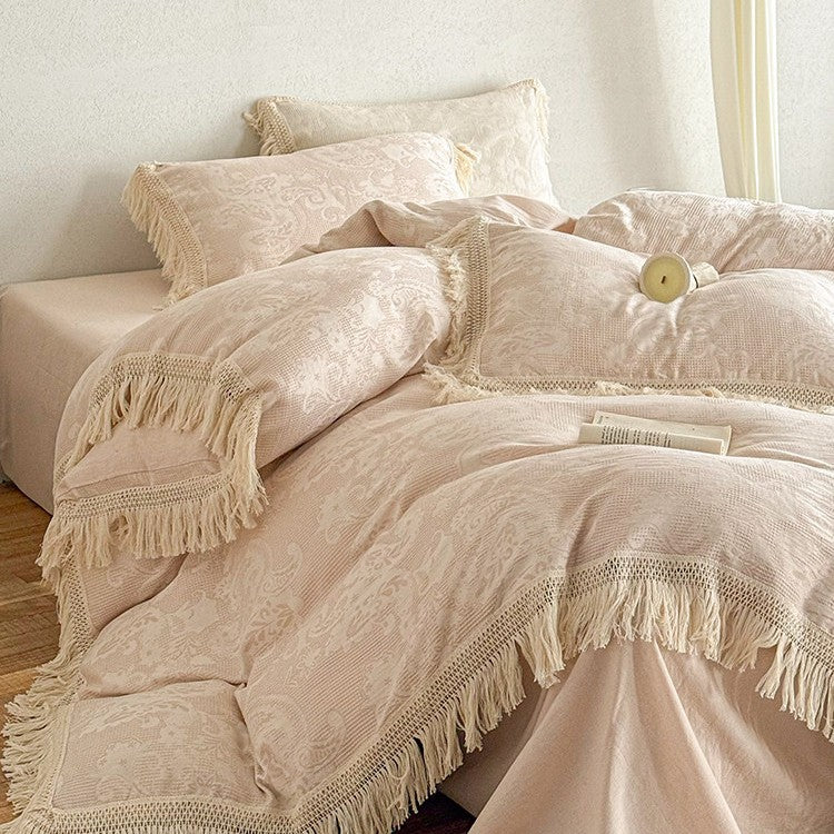 Bedding Set Cotton Satin Jacquard Fringed Trim 4-Piece