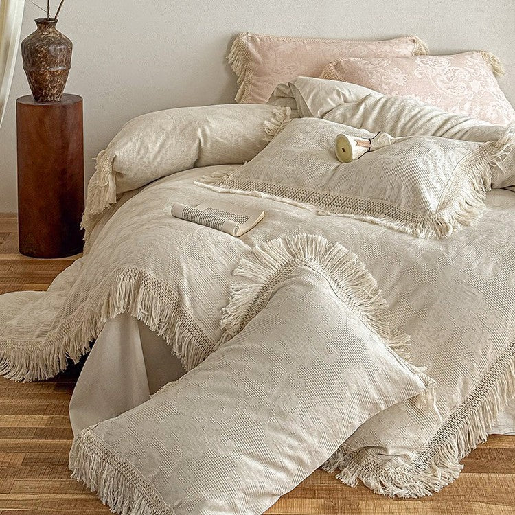 Bedding Set Cotton Satin Jacquard Fringed Trim 4-Piece
