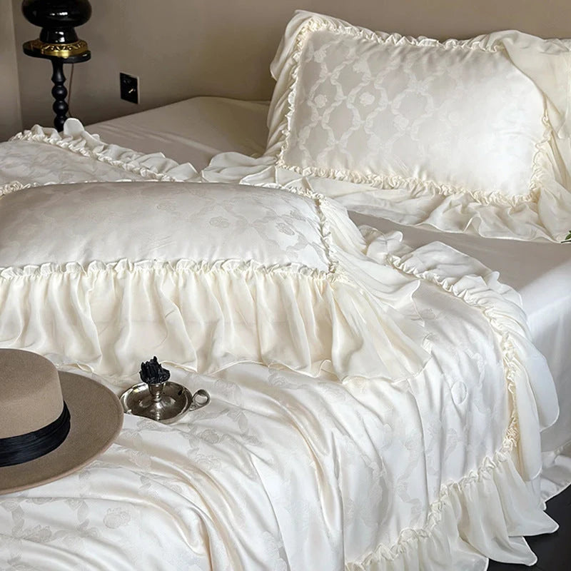 Bedding Set Cotton Satin Jacquard Ruffle Trim 4-Piece