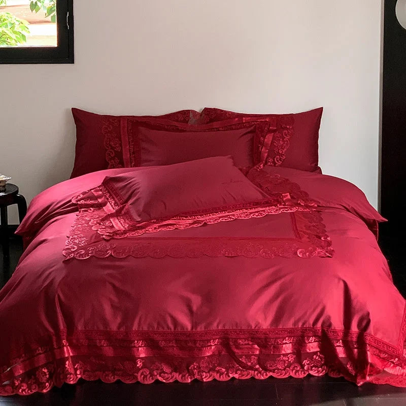 Bedding Set Cotton Satin Jacquard Ruffled Edges & Concealed Zippers