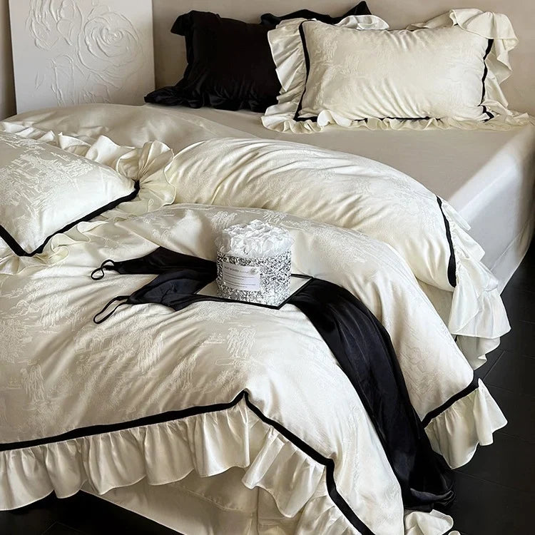 Bedding Set Cotton Satin Jacquard Ruffles & Contrast Piping
