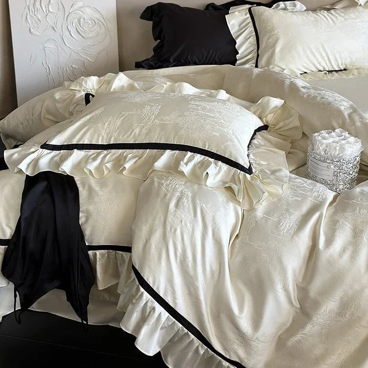 Bedding Set Cotton Satin Jacquard Ruffles & Contrast Piping