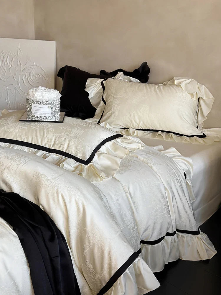Bedding Set Cotton Satin Jacquard Ruffles & Contrast Piping