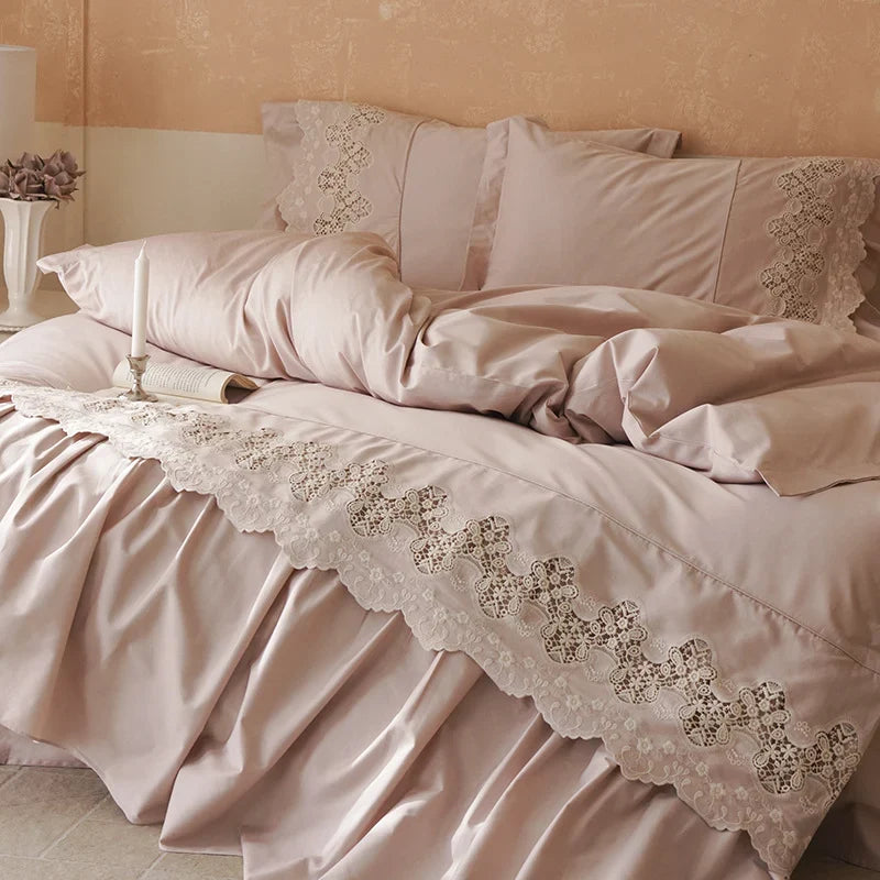 Bedding Set Cotton Satin Lace Ruffle 4-Piece
