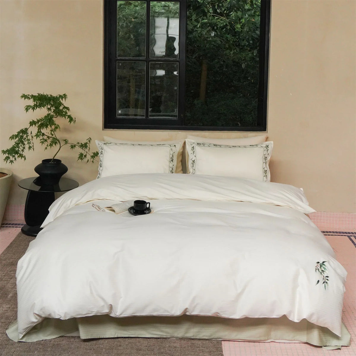 Bedding Set Cotton Satin Leaf Embroidery Set of 4