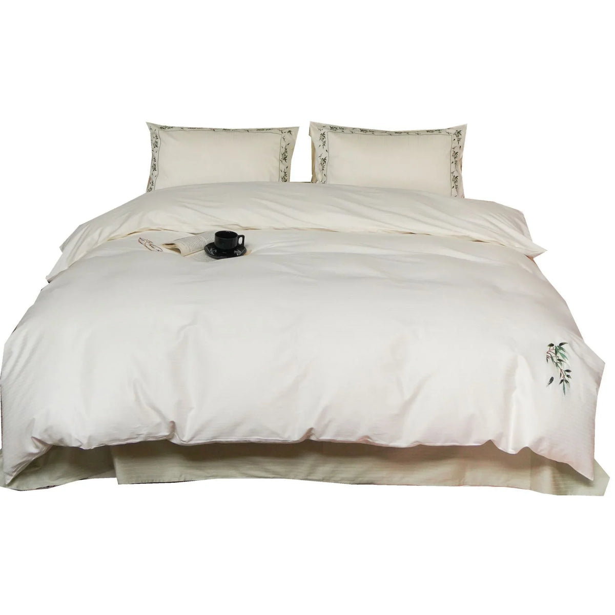 Bedding Set Cotton Satin Leaf Embroidery Set of 4
