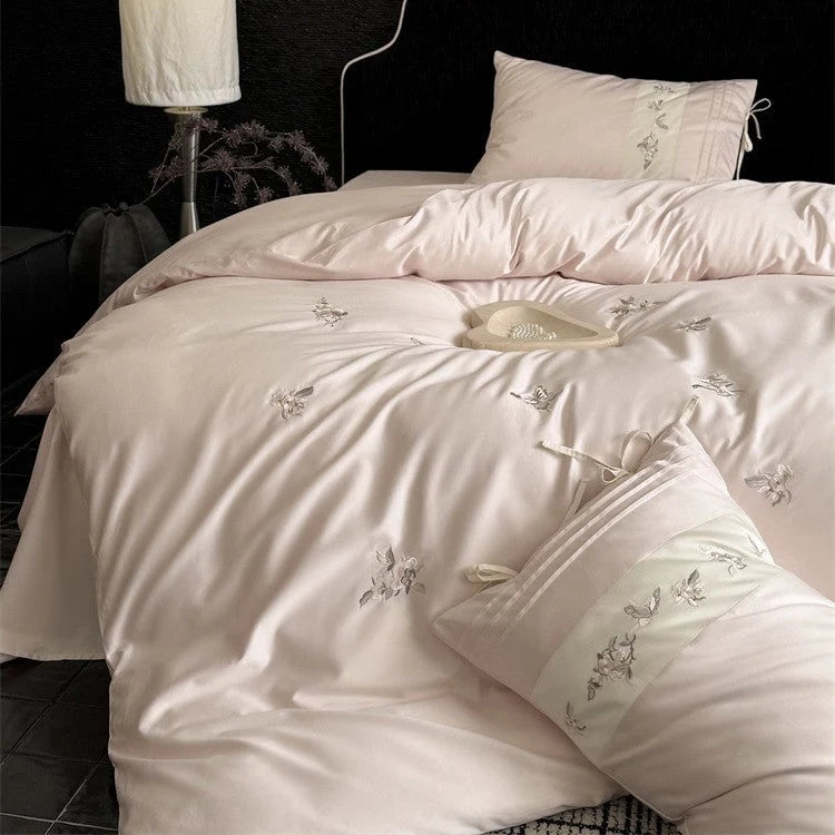 Bedding Set Cotton Satin-Like Embroidered Floral Machine-Washable