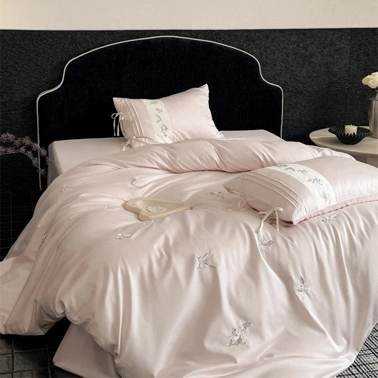 Bedding Set Cotton Satin-Like Embroidered Floral Machine-Washable