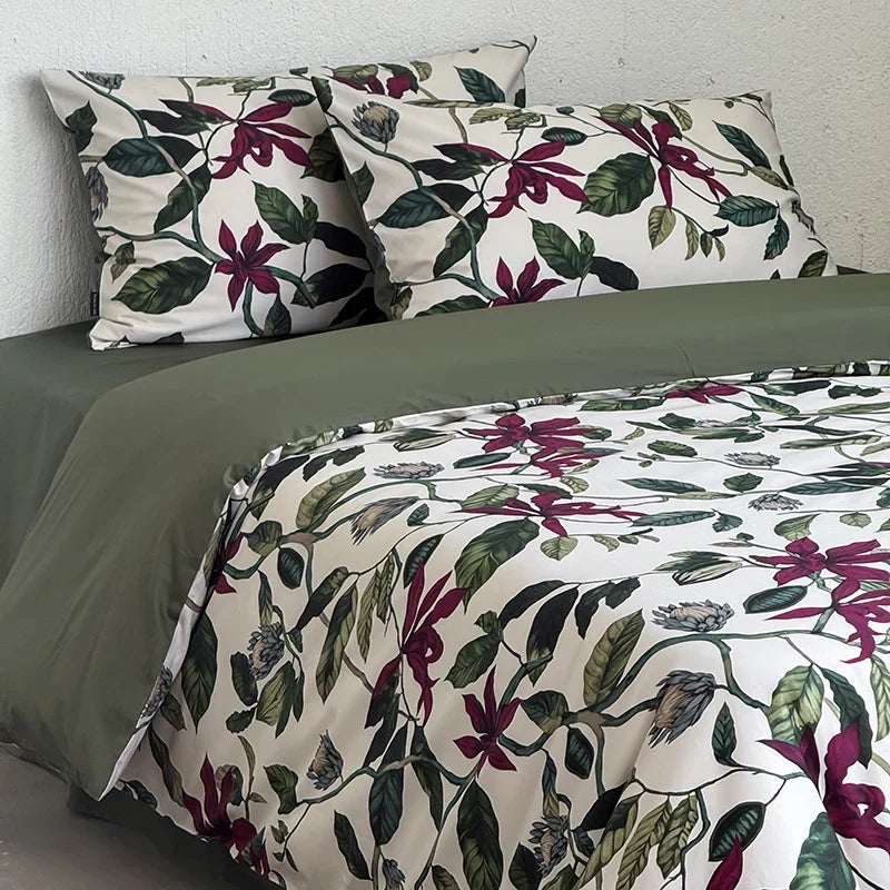Bedding Set Cotton Satin Reversible Botanical Set of 4