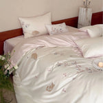 Bedding Set Cotton Satin Reversible Cat & Flower Embroidery