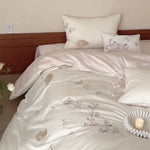 Bedding Set Cotton Satin Reversible Cat & Flower Embroidery