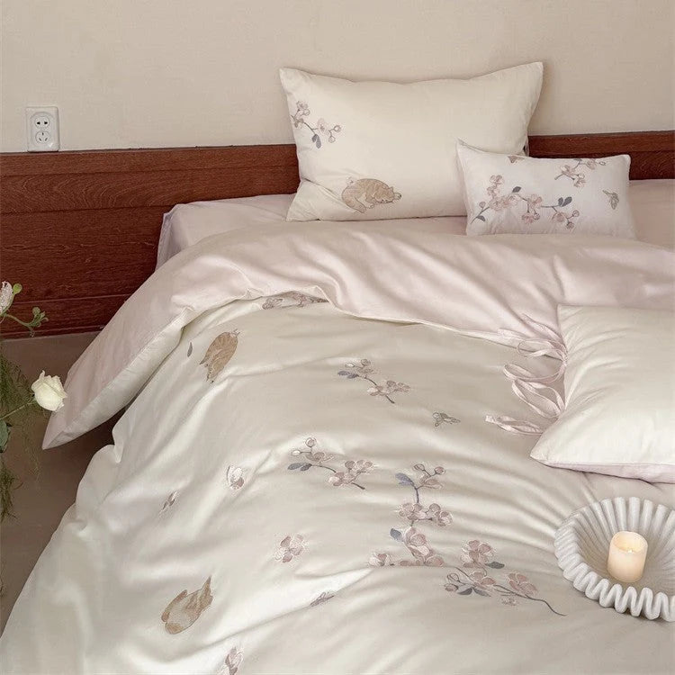 Bedding Set Cotton Satin Reversible Cat & Flower Embroidery