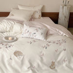 Bedding Set Cotton Satin Reversible Cat & Flower Embroidery