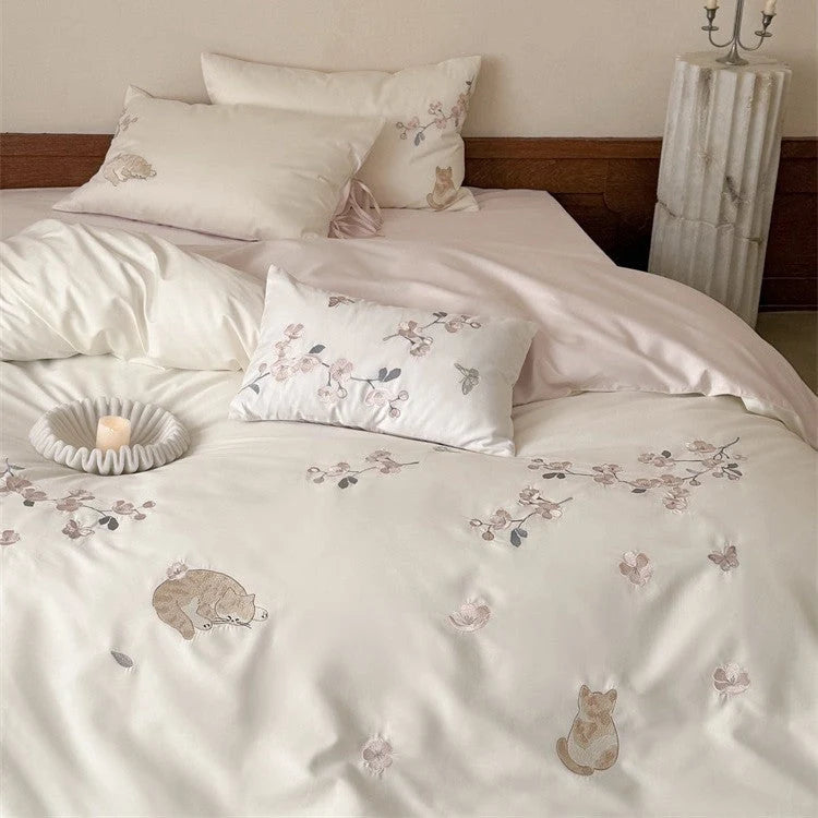 Bedding Set Cotton Satin Reversible Cat & Flower Embroidery