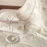 Bedding Set Cotton Satin Reversible Cat & Flower Embroidery