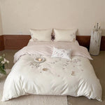Bedding Set Cotton Satin Reversible Cat & Flower Embroidery