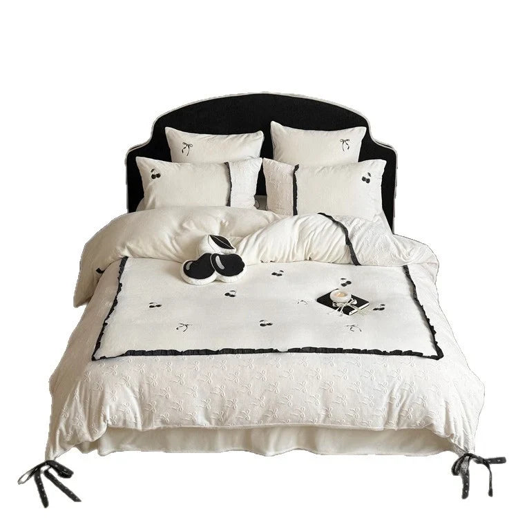 Bedding Set Cotton Satin Reversible Cherry Embroidery