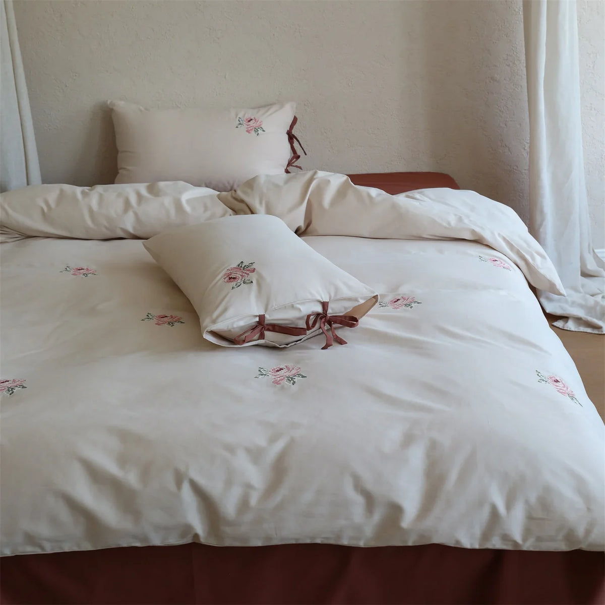 Bedding Set Cotton Satin Rose Embroidery Bow Closure