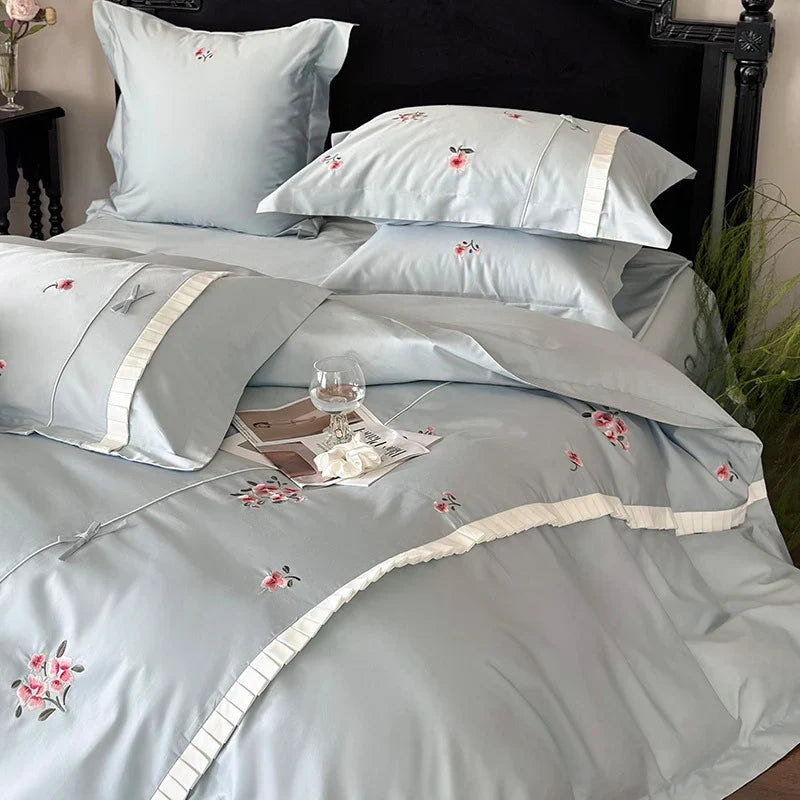 Bedding Set Cotton Satin Rose Embroidery Concealed Zipper