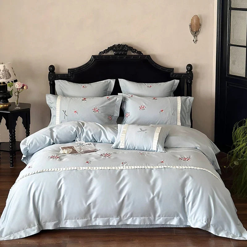 Bedding Set Cotton Satin Rose Embroidery Concealed Zipper