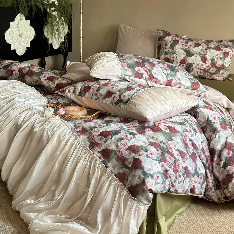 Bedding Set Cotton-Satin Rose Pattern & Gathered Bed Skirt