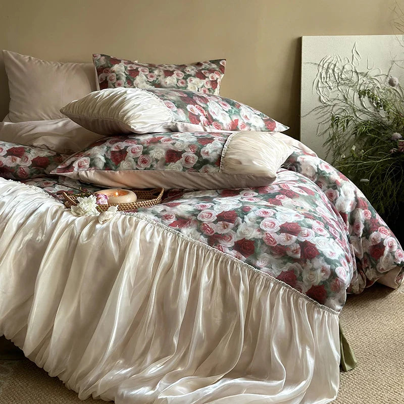 Bedding Set Cotton-Satin Rose Pattern & Gathered Bed Skirt