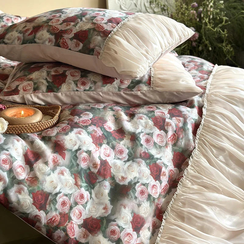Bedding Set Cotton-Satin Rose Pattern & Gathered Bed Skirt