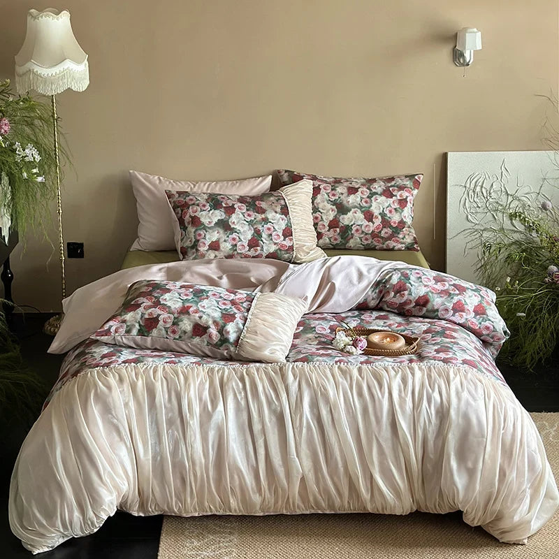 Bedding Set Cotton-Satin Rose Pattern & Gathered Bed Skirt