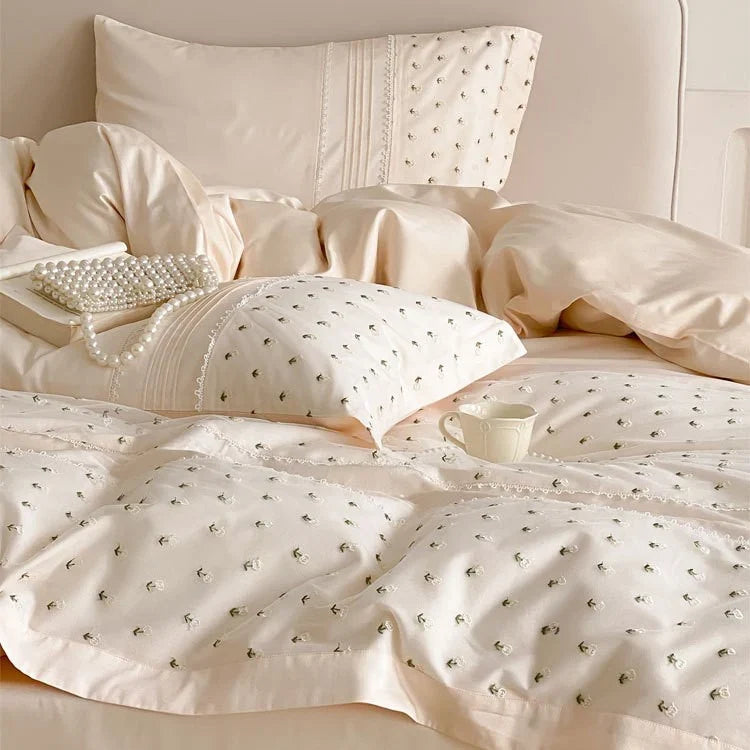 Bedding Set Cotton Satin Rosebud Embroidery & Lace Trim