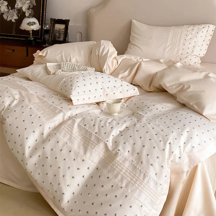 Bedding Set Cotton Satin Rosebud Embroidery & Lace Trim