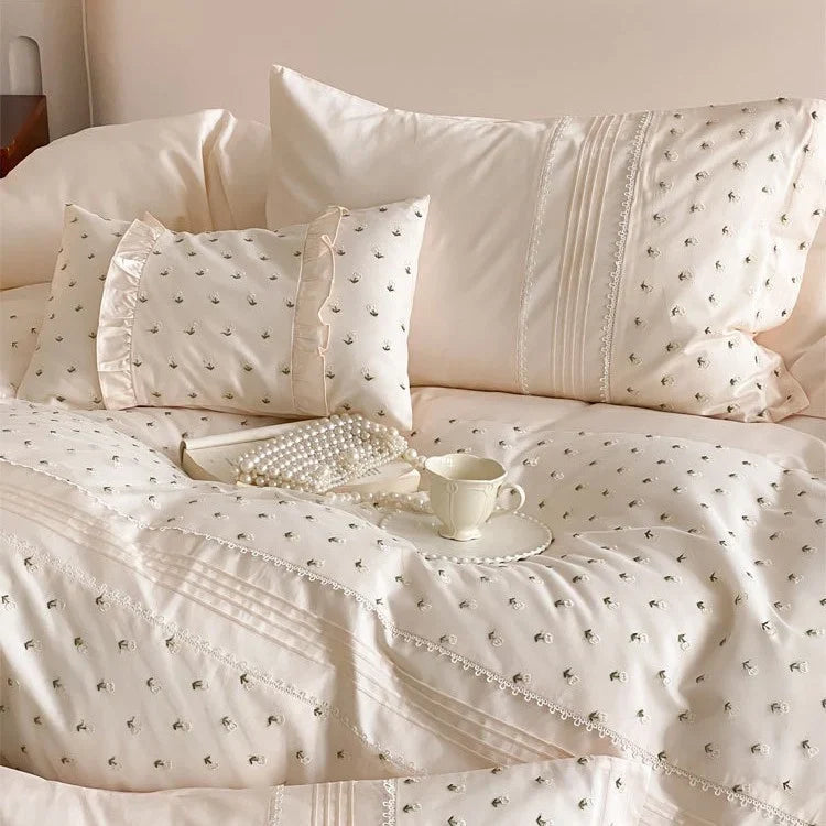 Bedding Set Cotton Satin Rosebud Embroidery & Lace Trim