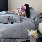 Bedding Set Cotton Satin Ruffle & Bow Embroidery
