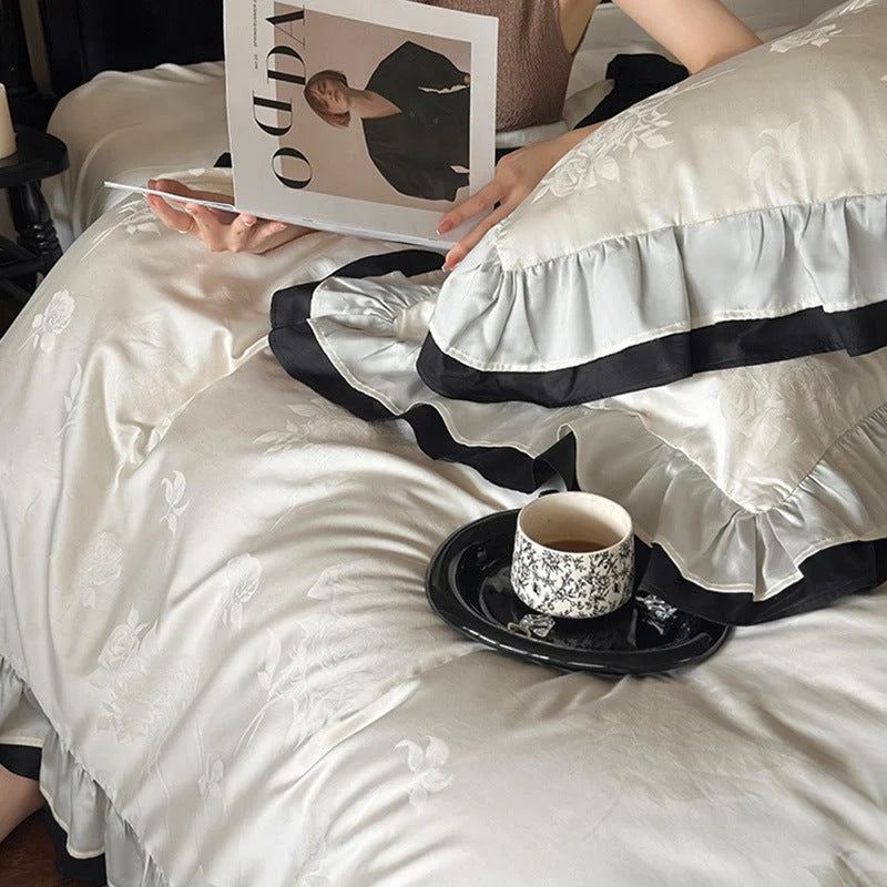Bedding Set Cotton Satin Ruffle Contrast Edge 4-Piece
