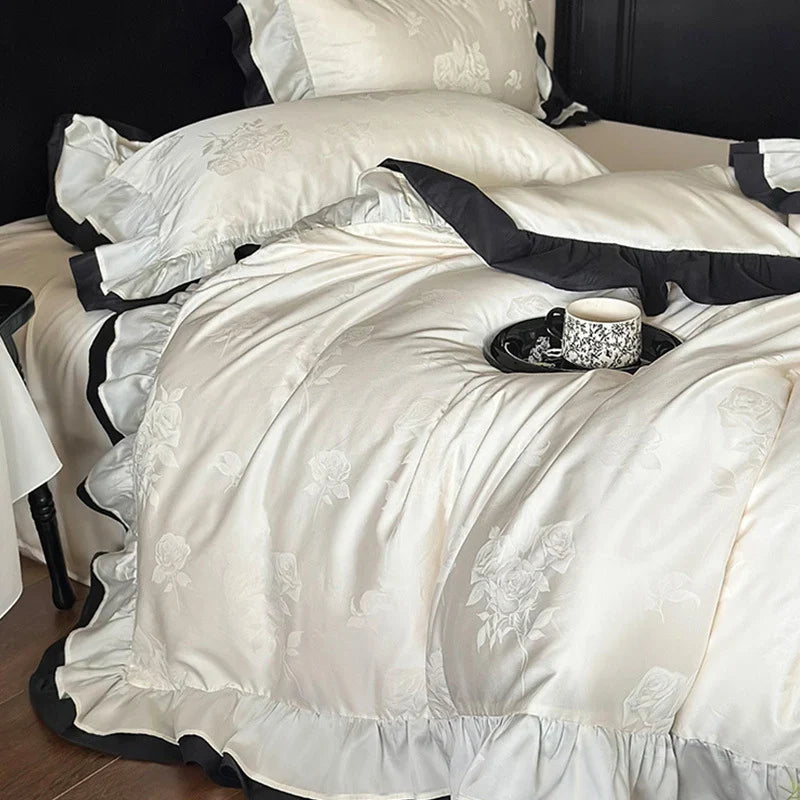 Bedding Set Cotton Satin Ruffle & Contrasting Edge