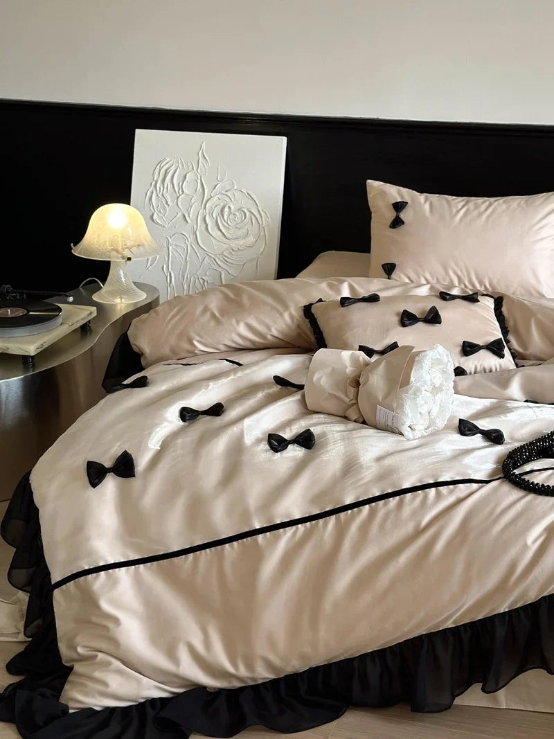 Bedding Set Cotton Satin Ruffles & Bows Four-Piece