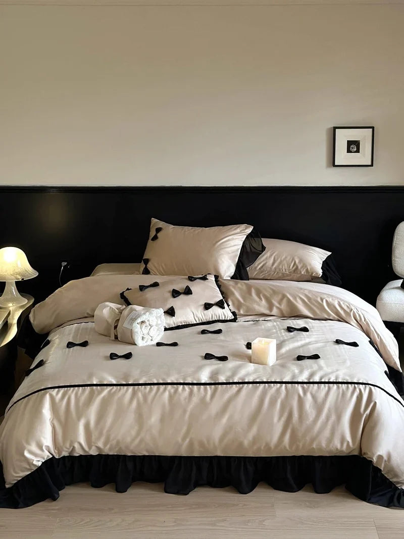 Bedding Set Cotton Satin Ruffles & Bows Four-Piece