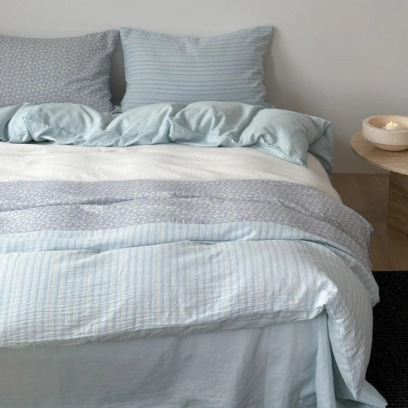 Bedding Set Cotton Satin Striped & Floral Machine Washable