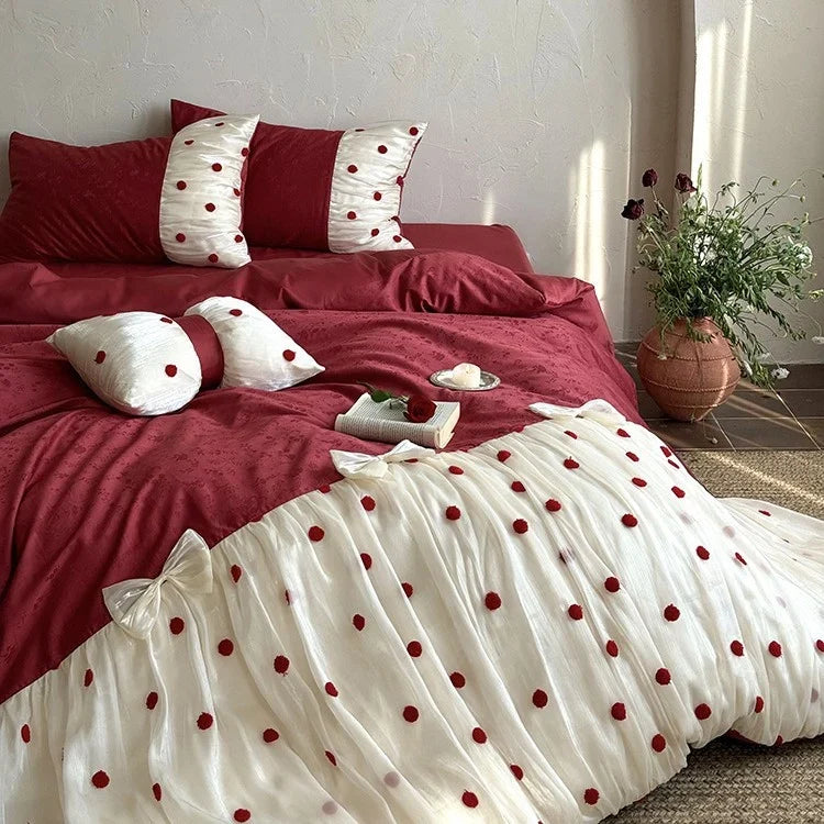 Bedding Set Cotton Satin Tulle Overlay & Pompoms